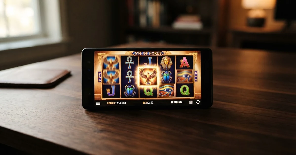 Eye of Horus Spielautomat mit fünf Walzen, ägyptischen Symbolen und dem Horus-Falken als Wild-Symbol auf einem Smartphone-Bildschirm