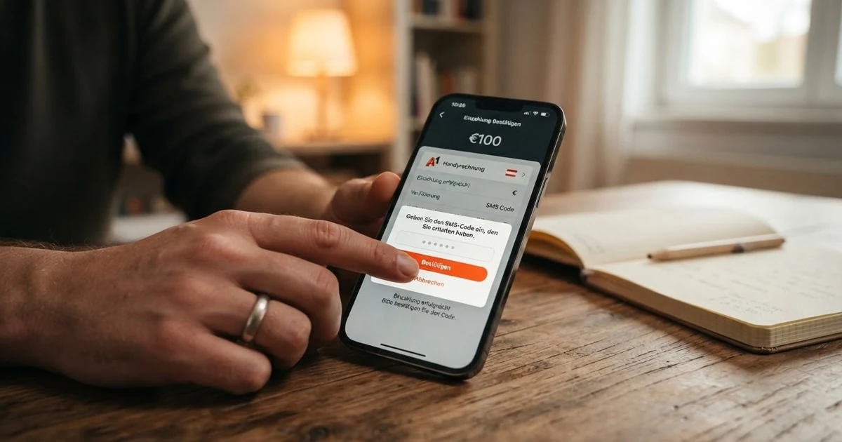 Ein Smartphone mit geöffneter Casino-App und dem Handyrechnung-Zahlungsbildschirm, daneben ein Screenshot der SMS-TAN-Bestätigung.