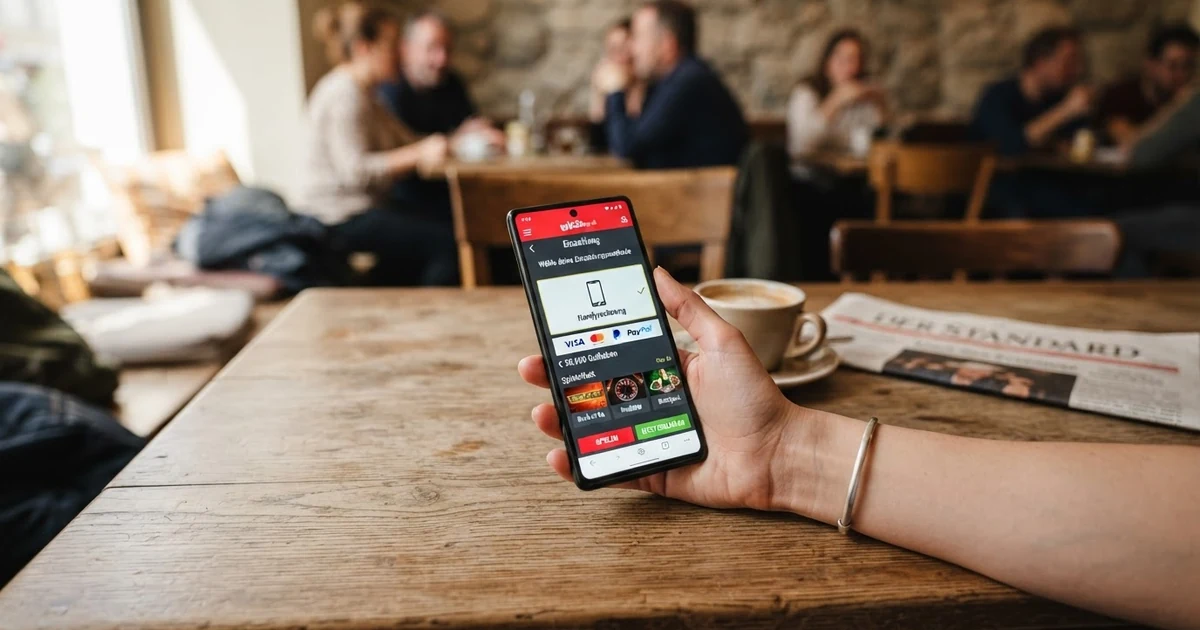 Smartphone in der Hand eines Spielers mit geöffneter Casino-Website, Einzahlungsoption „Handyrechnung“ auf dem Bildschirm sichtbar