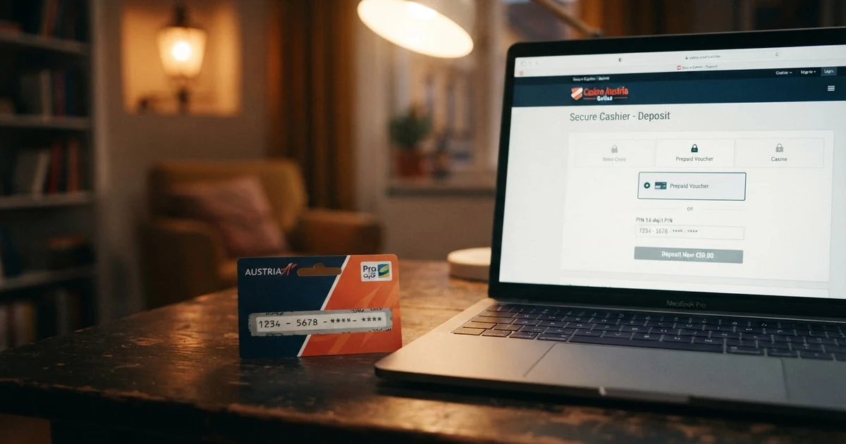Eine physische Paysafecard mit freigelegtem 16-stelligen PIN-Code liegt vor einem geöffneten Laptop, auf dessen Bildschirm die Kasse eines Online-Casinos mit ausgewählter Paysafecard-Option zu sehen ist.