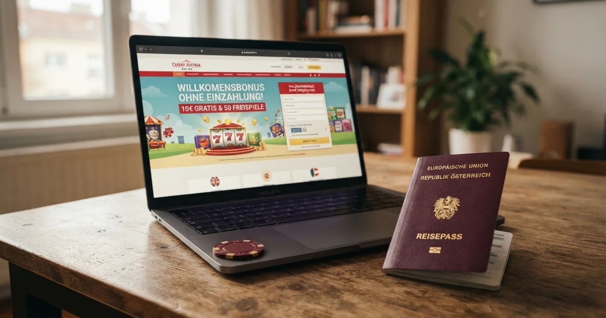 Ein geöffneter Laptop mit einer Casino-Startseite, auf der ein Willkommensbonus beworben wird, daneben ein österreichischer Reisepass