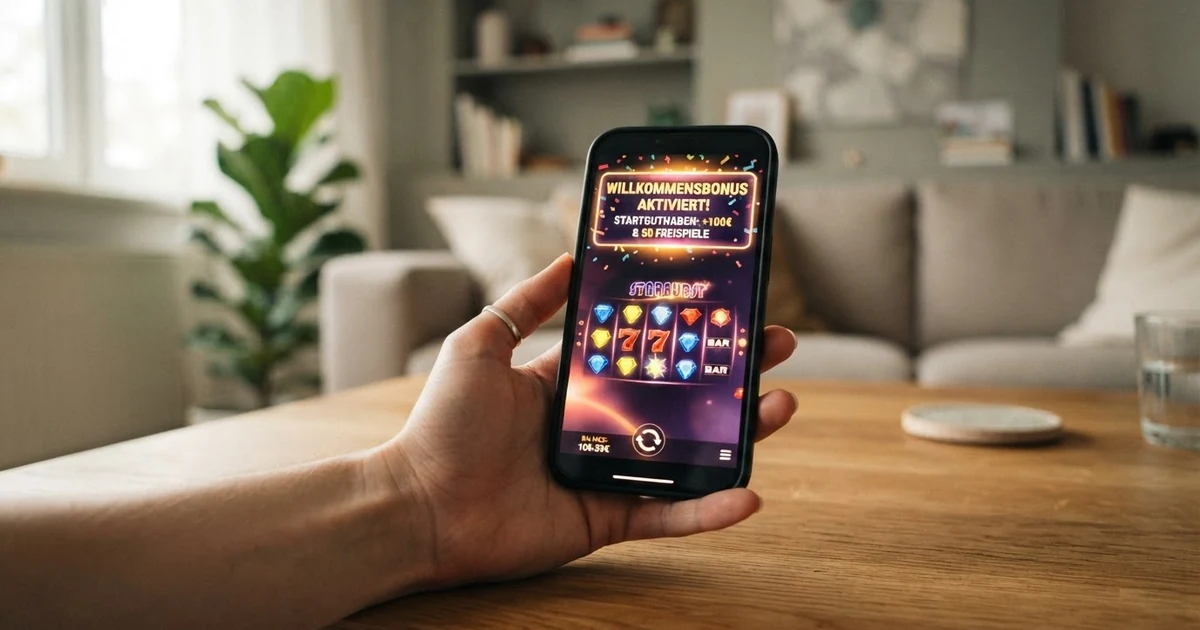 Online Casino Willkommensbonus auf einem Bildschirm mit Spielautomaten, Bonus-Anzeige und Einzahlungsbutton