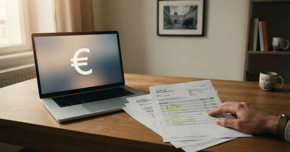 Ein Schreibtisch mit ausgebreiteten Kontoauszügen, auf denen Online-Casino-Transaktionen markiert sind, daneben ein geöffneter Laptop