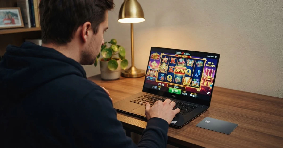 Ein Spieler sitzt vor einem Laptop mit einer geöffneten Casino-Webseite; sein Personalausweis liegt unberührt daneben auf dem Schreibtisch — die Bildkomposition zeigt bewusst die Distanz zwischen dem Spieler und dem Ausweis