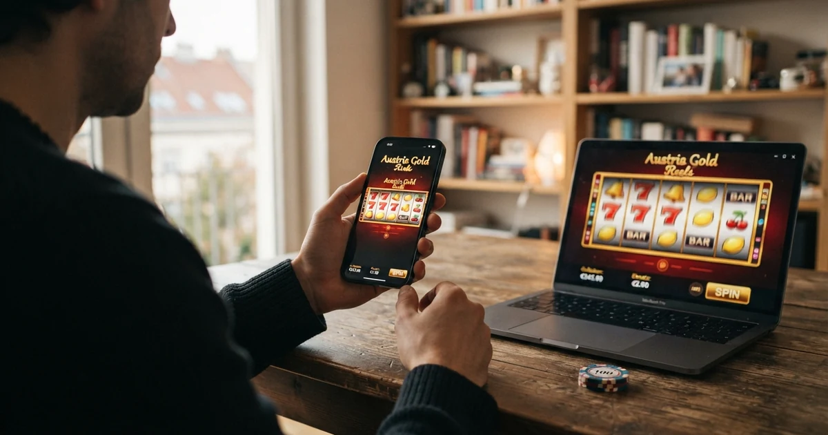 Ein geöffneter Laptop zeigt einen Online-Slot mit sichtbarem Spin-Button, auf dem Bildschirm läuft eine aktive Spielrunde ohne Pausen-Overlay, daneben liegt ein Smartphone mit einer Casino-App