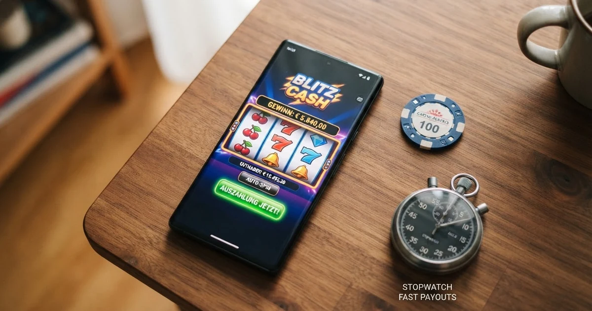 Eine Stoppuhr neben einem Smartphone mit geöffneter Casino-App und dem Schriftzug „Auszahlung“