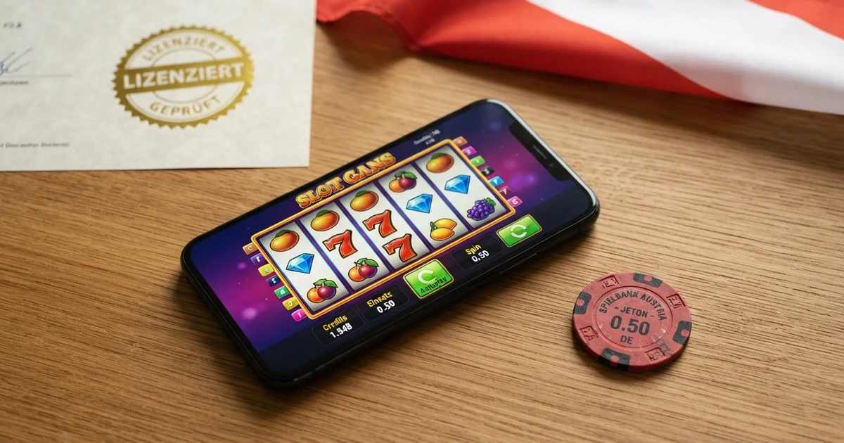 Eine stilisierte Darstellung eines Smartphones mit geöffneter Casino-App, daneben das Curaçao-Lizenzsiegel und die österreichische Flagge mit einem Fragezeichen