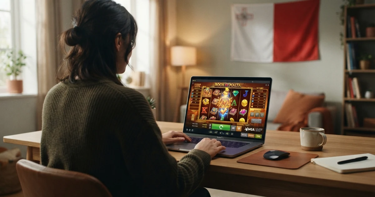 Ein Spieler sitzt vor einem Laptop, auf dem ein Online-Casino mit dem MGA-Lizenzsiegel zu sehen ist, im Hintergrund eine stilisierte Malta-Flagge