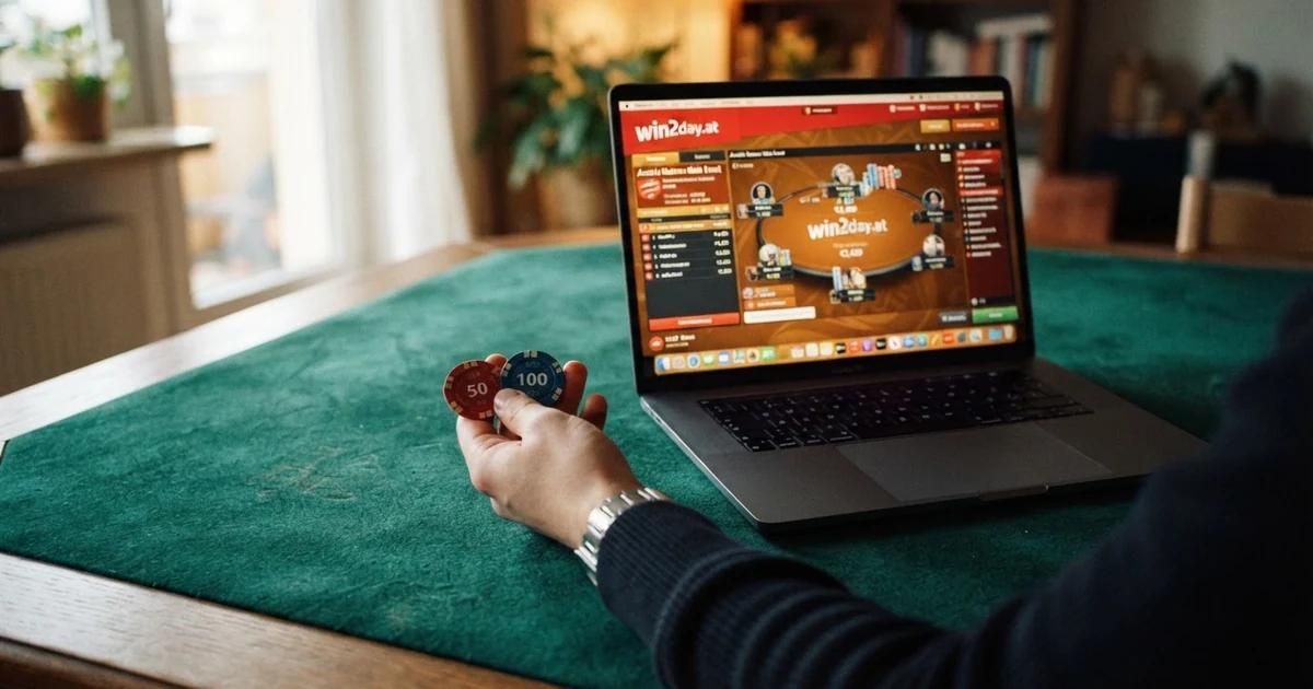 Poker-Chips und Spielkarten auf einem grünen Filztisch, daneben ein aufgeklappter Laptop mit der Poker-Lobby von win2day auf dem Bildschirm