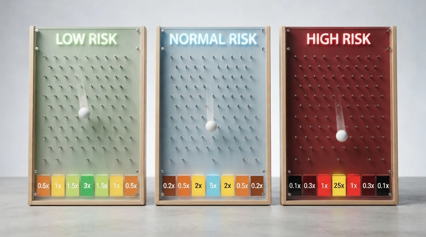Drei Plinko-Bretter nebeneinander mit den Risikostufen Niedrig (Low), Mittel (Normal) und Hoch (High) — die farbigen Multiplikator-Zonen zeigen, wie die Spanne vom Zentrum zum Rand zunimmt