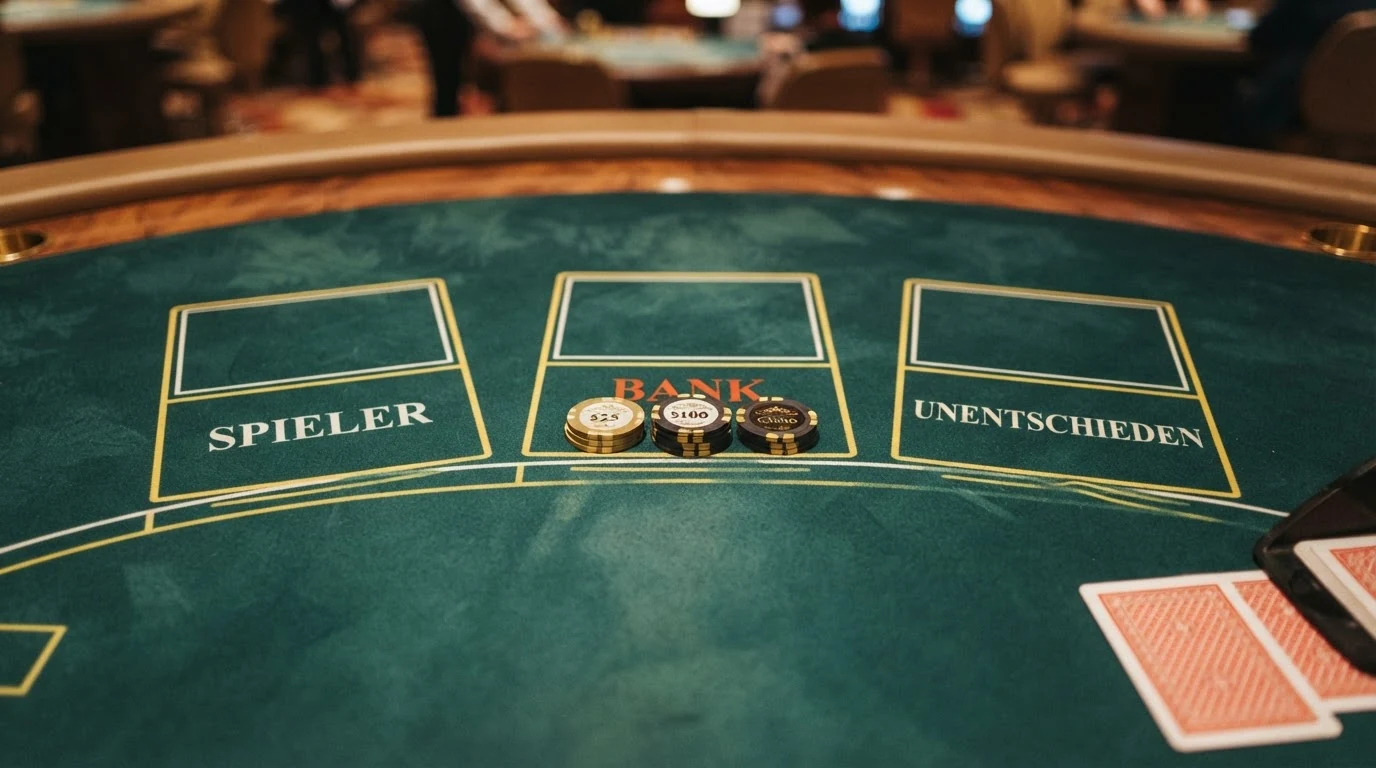 Schematische Nahaufnahme der drei Baccarat-Einsatzfelder Banker, Player und Tie auf dem virtuellen Spieltisch
