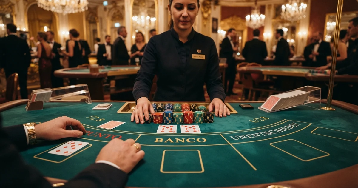 Grüner Punto-Banco-Spieltisch mit den drei Wettfeldern Punto, Banco und Unentschieden sowie Spielkarten und Casino-Chips
