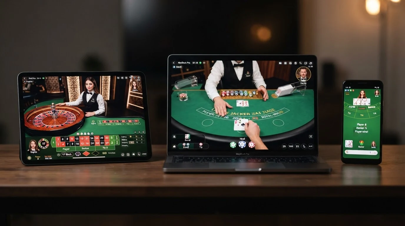 Drei geöffnete Spielfenster nebeneinander: ein Roulette-Kessel in der Draufsicht, eine Blackjack-Hand mit aufgedeckten Karten und ein Baccarat-Tisch mit Wettfeldern — Bildschirm-Anordnung wie beim Multitabling.