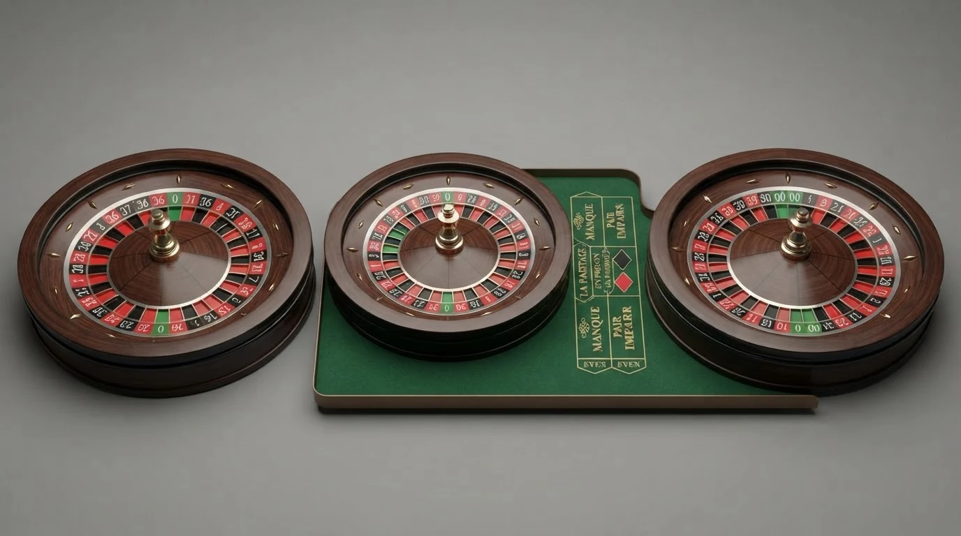 Drei Roulette-Räder nebeneinander: europäisch mit einer grünen Null, französisch mit La-Partage-Markierung auf dem Tableau, amerikanisch mit grüner Null und Doppelnull.