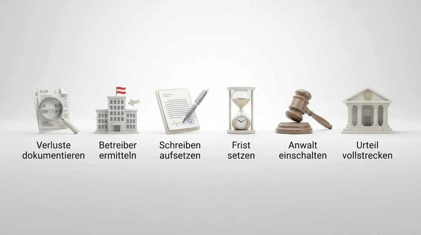 Eine grafische Darstellung des Rückforderungsprozesses als Wegweiser mit Stationen: „Verluste dokumentieren“, „Betreiber ermitteln“, „Schreiben aufsetzen“, „Frist setzen“, „Anwalt einschalten“, „Urteil vollstrecken“