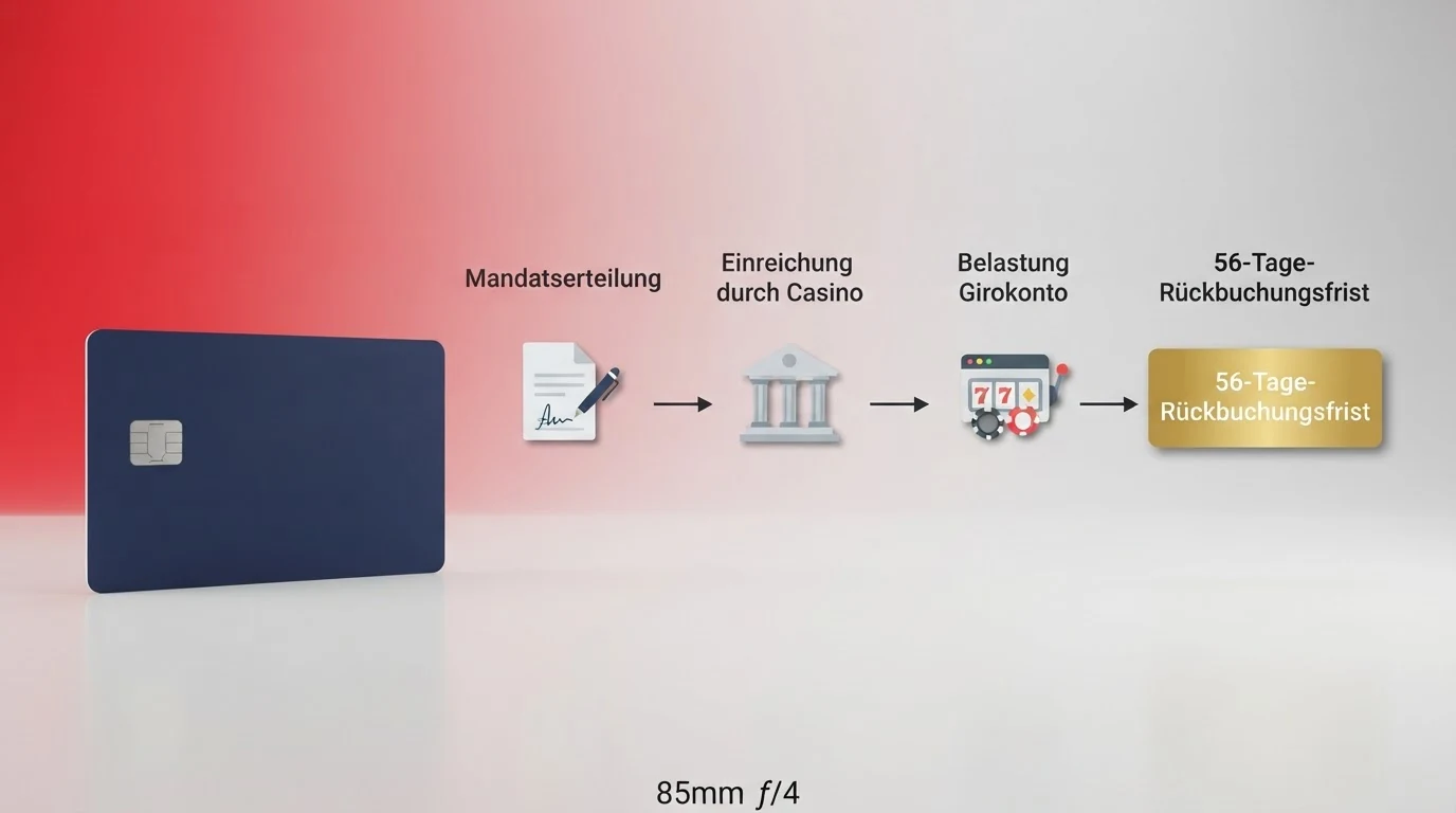 Ein grafisches Schema des SEPA-Lastschriftverfahrens: Mandatserteilung durch den Zahler, Einreichung durch das Casino, Belastung des Girokontos, 56-Tage-Frist für die Rückbuchung.