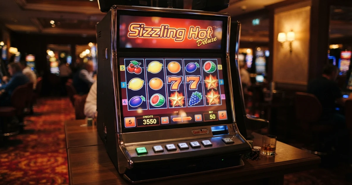 Fünf Walzen mit klassischen Fruchtsymbolen, roten Siebenen und goldenen Sternen vor dunklem Hintergrund – der Spielbildschirm von Sizzling Hot Deluxe