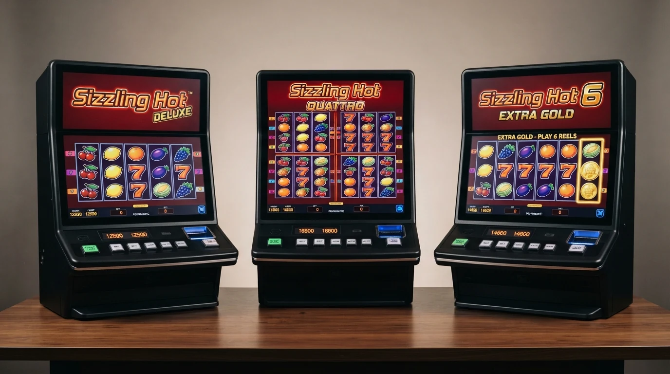 Drei Spielbildschirme nebeneinander: Sizzling Hot Deluxe, Quattro mit vier Walzensets und 6 Extra Gold mit der markierten Extra-Walze