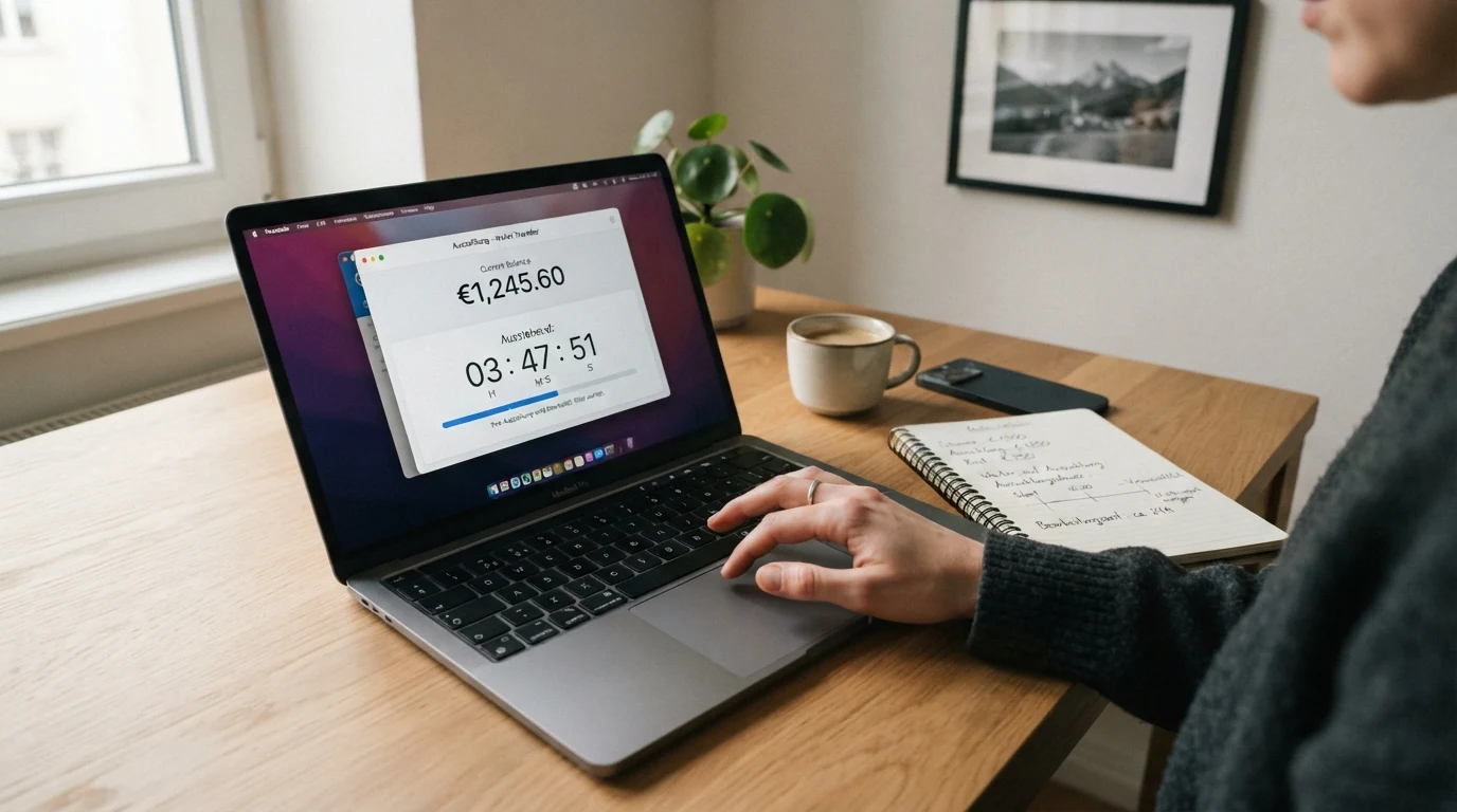 Eine Stoppuhr neben dem Skrill-Guthaben auf einem Laptop-Display