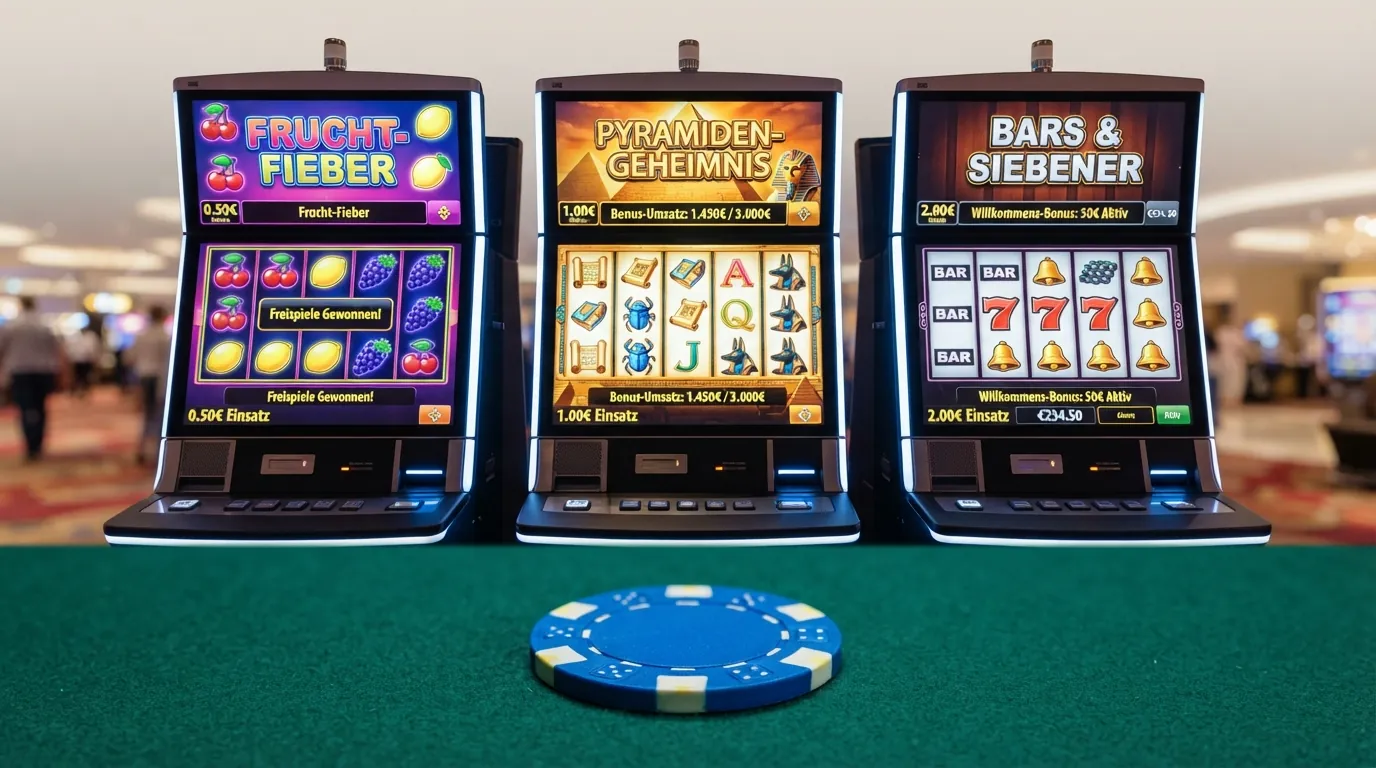 Drei Slot-Screenshots nebeneinander — Starburst, Book of Dead und Mega Joker — mit eingeblendeten RTP-Prozentzahlen und einem durchgestrichenen Roulette-Kessel im Hintergrund
