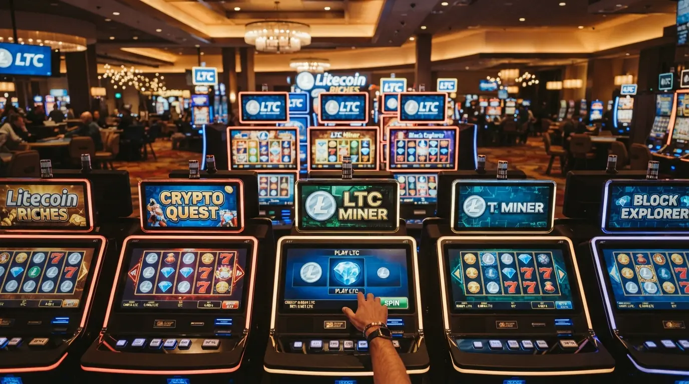 Spielautomaten-Raster, Blackjack- und Roulette-Tische in der Lobby eines Krypto-Casinos mit LTC-Einzahlungsoption