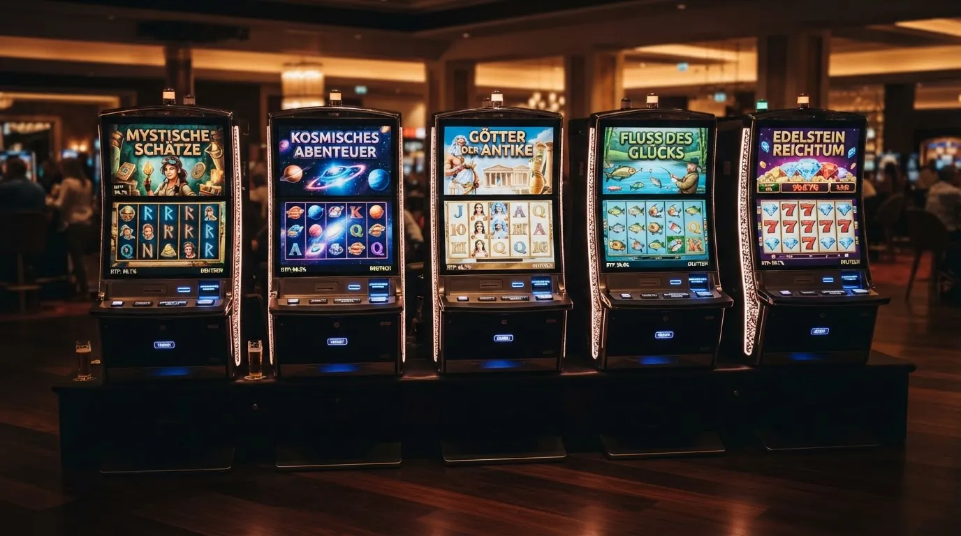 Fünf Spielautomaten-Screenshots nebeneinander: Book of Dead, Starburst, Gates of Olympus, Big Bass Bonanza und Mega Moolah mit eingeblendeten RTP-Prozentwerten