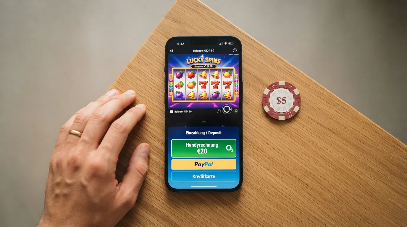 Ein Smartphone zeigt einen Spielautomaten mit der hervorgehobenen Einzahlungsoption „Handyrechnung“ auf dem Bildschirm
