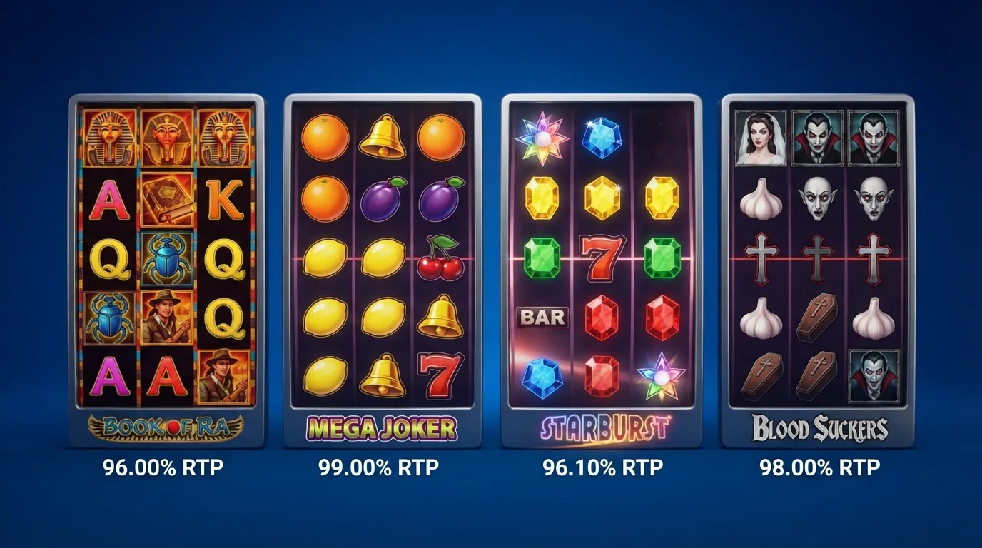 Vier Slot-Cover oder Spielsymbole der Titel Book of 99, Mega Joker, 1429 Uncharted Seas und Blood Suckers, nebeneinander mit ihren jeweiligen RTP-Prozentwerten (99,00 %, 99,00 %, 98,60 %, 98,00 %) und Provider-Namen unter den Covern.