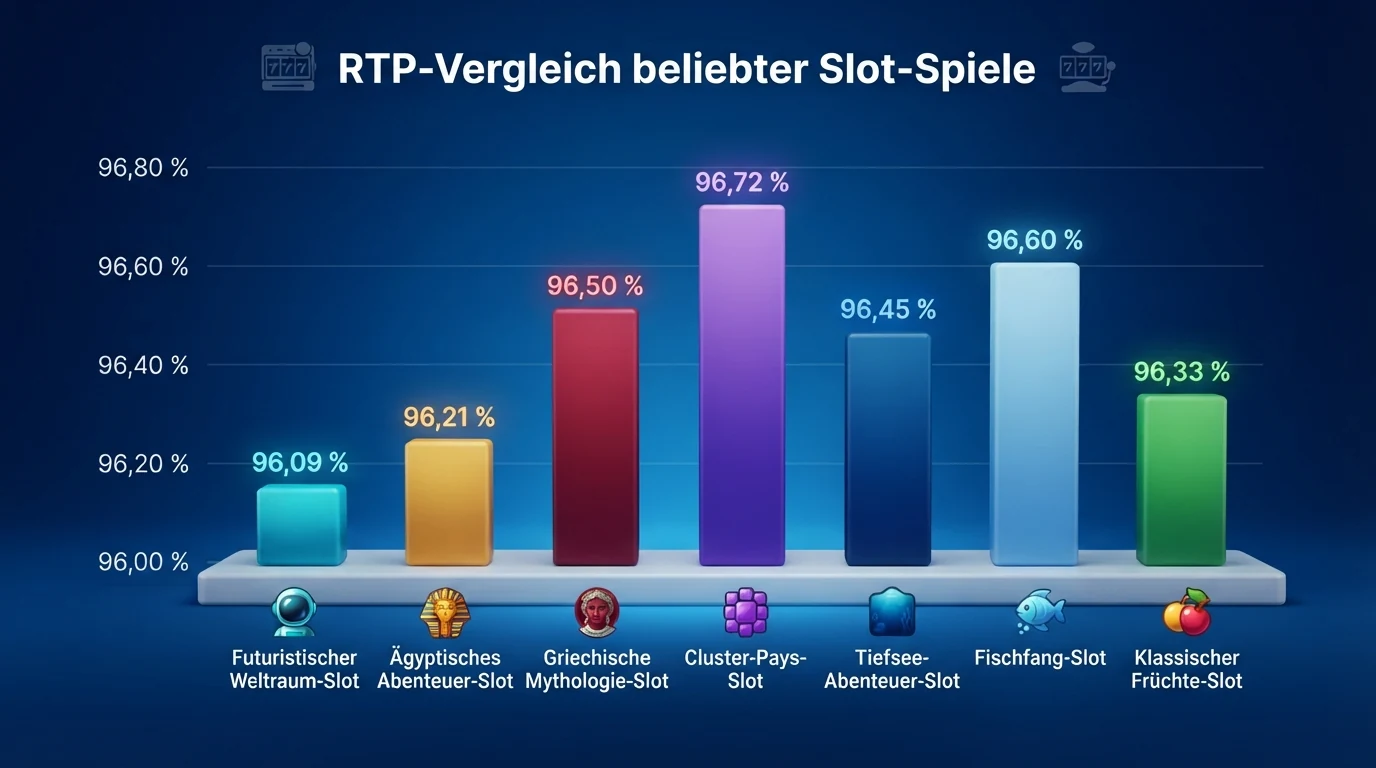 Eine Balkengrafik, die sieben populäre Spielautomaten mit ihren RTP-Werten von 92 % bis 97 % nebeneinanderstellt — der Unterschied von fünf Prozentpunkten ist farblich als Verlustbereich markiert.