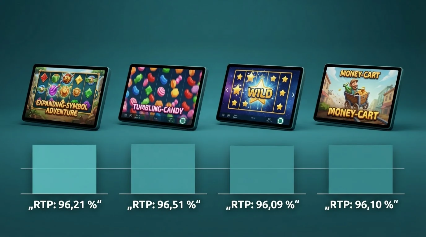 Vier Spielautomaten-Screenshots in einer grafischen Gegenüberstellung mit ihren RTP-Prozentwerten und farbigen Volatilitätsbalken