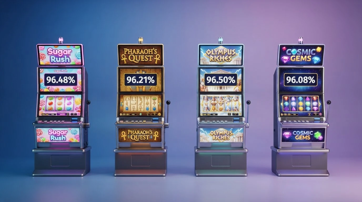 Vier Spielautomat-Screenshots nebeneinander: Sweet Bonanza, Book of Dead, Gates of Olympus und Starburst mit ihren RTP-Werten eingeblendet