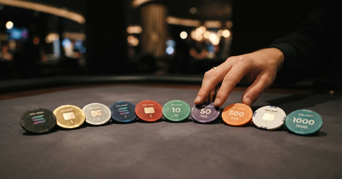 Zehn Karten mit Casino-Logos und darunter Bonus-Prozentsätzen und Lizenz-Angaben, angeordnet auf einem dunklen Hintergrund mit Solana-Branding