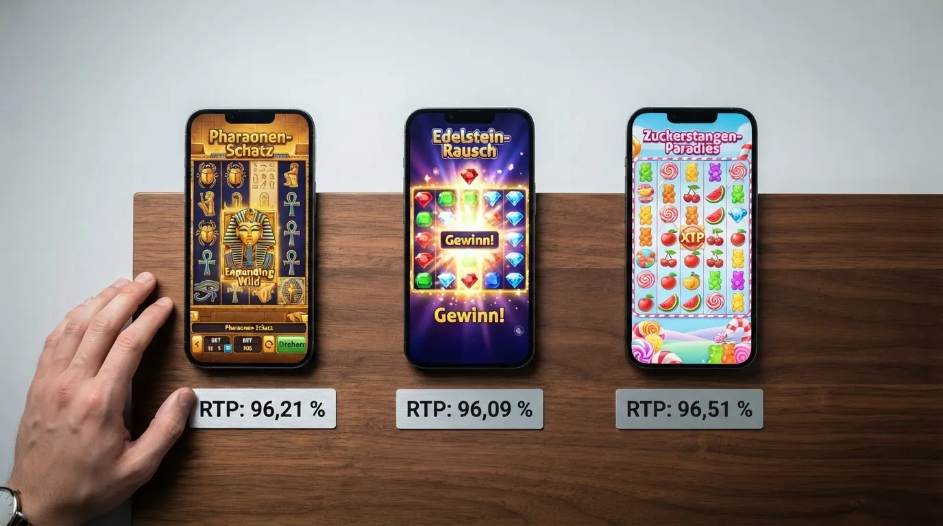 Drei Online-Slot-Symbole – Book of Dead, Starburst und Sweet Bonanza – mit ihren RTP-Prozentzahlen daneben: 96,21 %, 96,09 % und 96,51 %