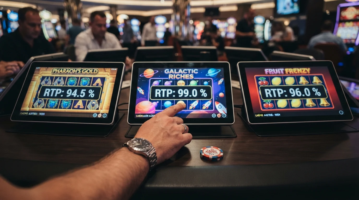 Drei Spielautomaten-Bildschirme mit eingeblendeten RTP-Prozentwerten neben Gewinntabellen und Walzensymbolen