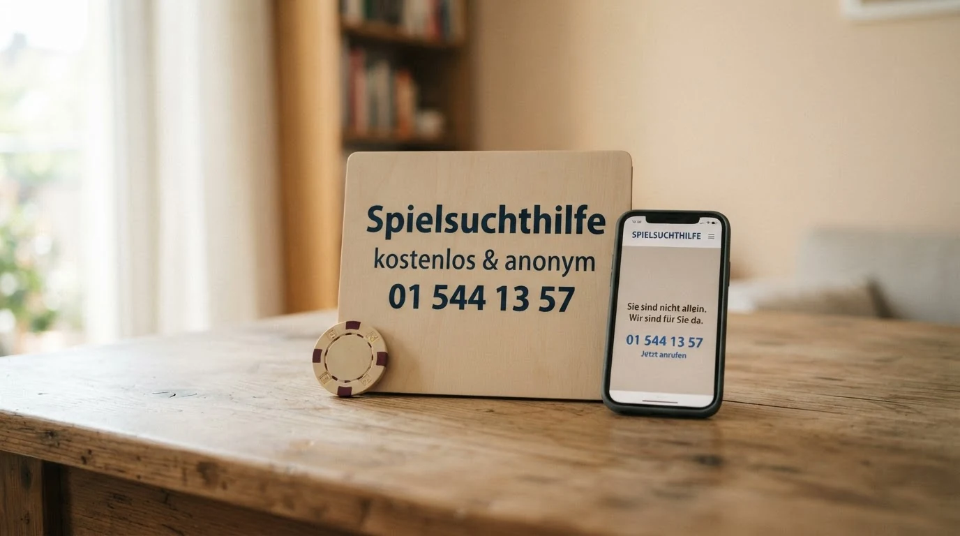 Ein Hinweisschild mit der Aufschrift „Spielsuchthilfe“ und einer Telefonnummer
