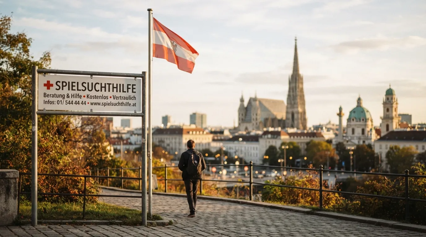 Ein Hinweisschild mit der Aufschrift „Spielsuchthilfe“ und einer Telefonnummer, im Hintergrund die österreichische Flagge und das Wiener Stadtbild