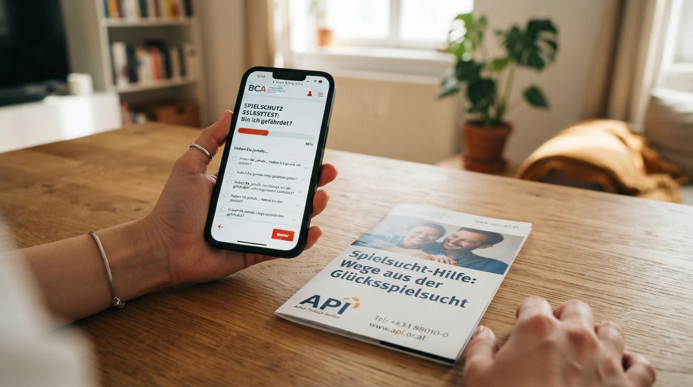 Ein Smartphone mit geöffneter Selbsttest-Seite des BCA neben einer Informationsbroschüre des Anton-Proksch-Instituts