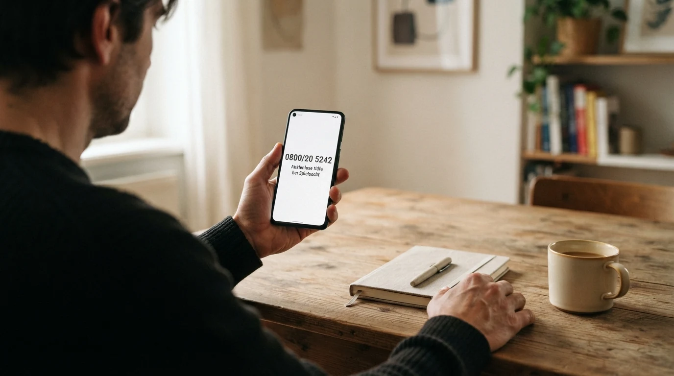Ein Smartphone-Display mit der gewählten Nummer 0800/20/52/42 und dem Hinweis „Kostenlose Hilfe bei Spielsucht“