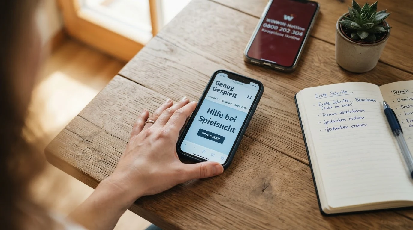 Übersicht der österreichischen Hilfsangebote mit Telefon-Hörer-Symbol neben der WINWIN-Hotline 0800 202 304 und dem Schriftzug von Genug Gespielt auf einem Bildschirm