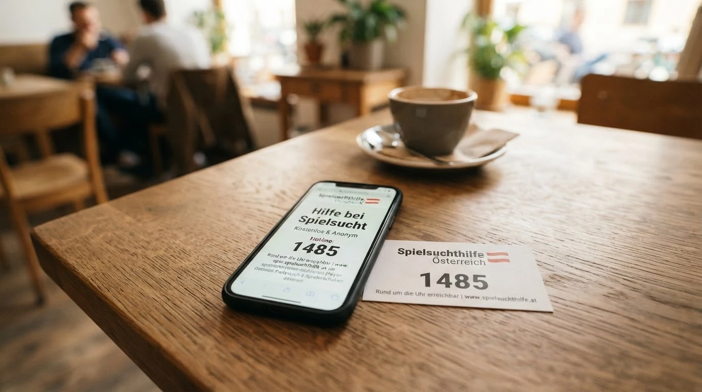 Ein Smartphone mit geöffneter Hilfeseite, daneben eine Karte mit der Hotline-Nummer 1485 und dem Schriftzug der Spielsuchthilfe