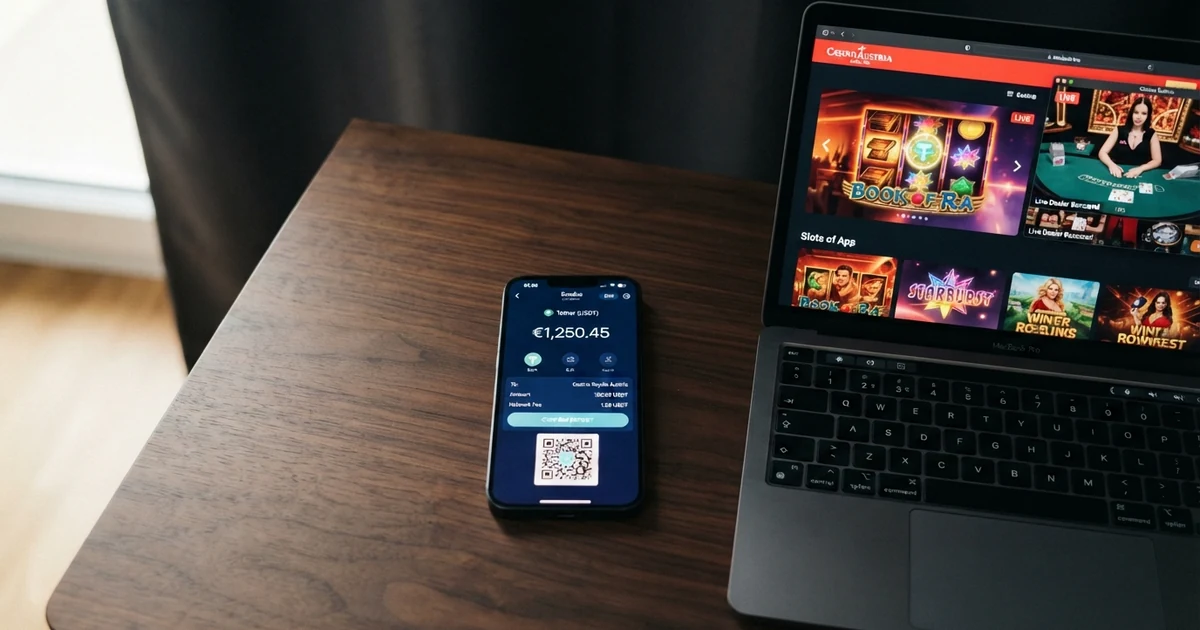 Eine digitale Geldbörse mit USDT-Guthaben neben einem geöffneten Online-Casino auf einem Laptop-Bildschirm