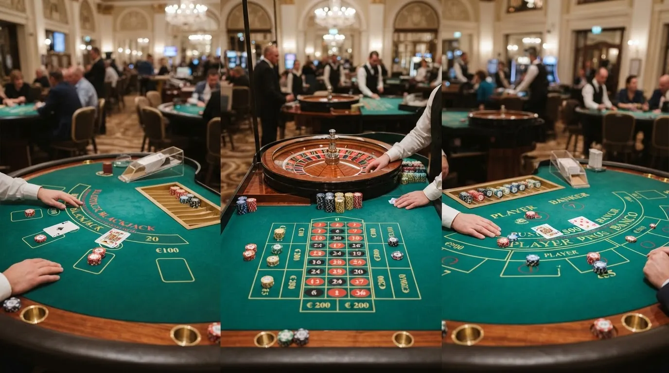 Drei klassische Casino-Tischspiele nebeneinander: Blackjack-Hand, Roulette-Kessel und Baccarat-Tisch, mit Prozentwerten unter jedem Spiel