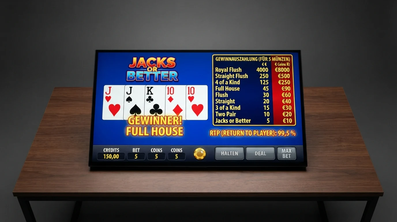 Der Bildschirm eines Video-Poker-Spiels mit der hervorgehobenen Gewinntabelle für Jacks or Better — die Auszahlungsquote von 99,5 % ist eingeblendet