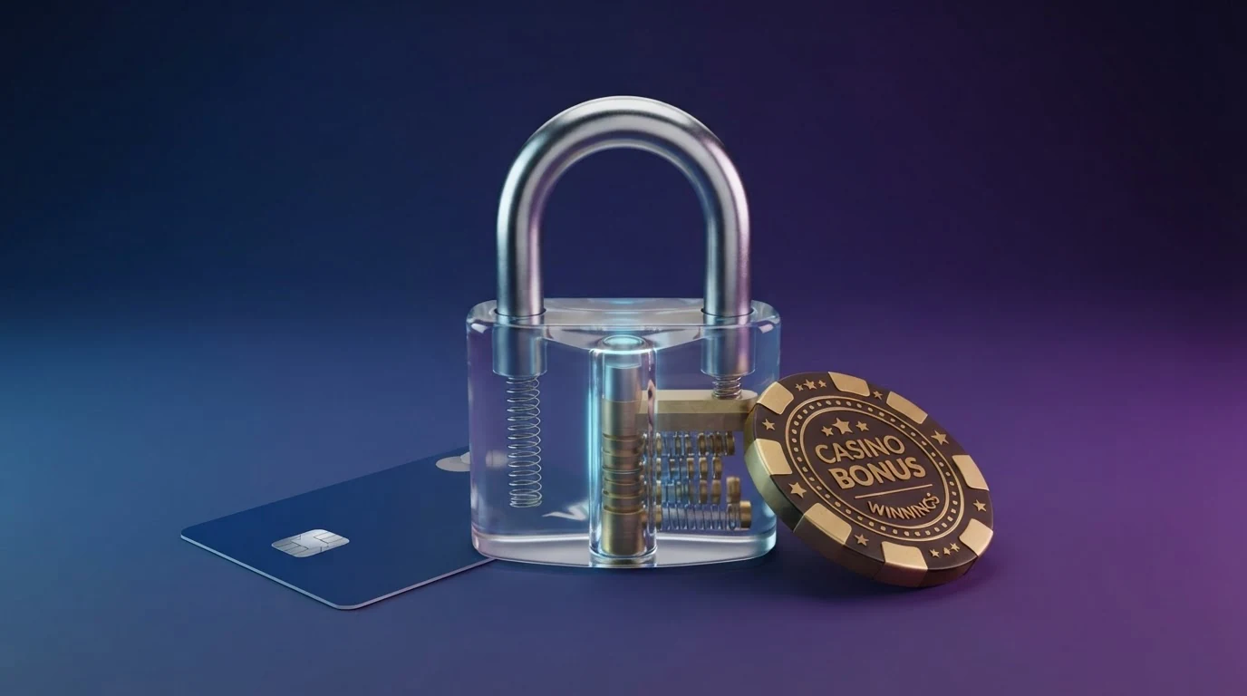 Eine Illustration mit einem durchgestrichenen Bonus-Prozentsymbol, einem Zahlenschloss und einem XRP-Coin
