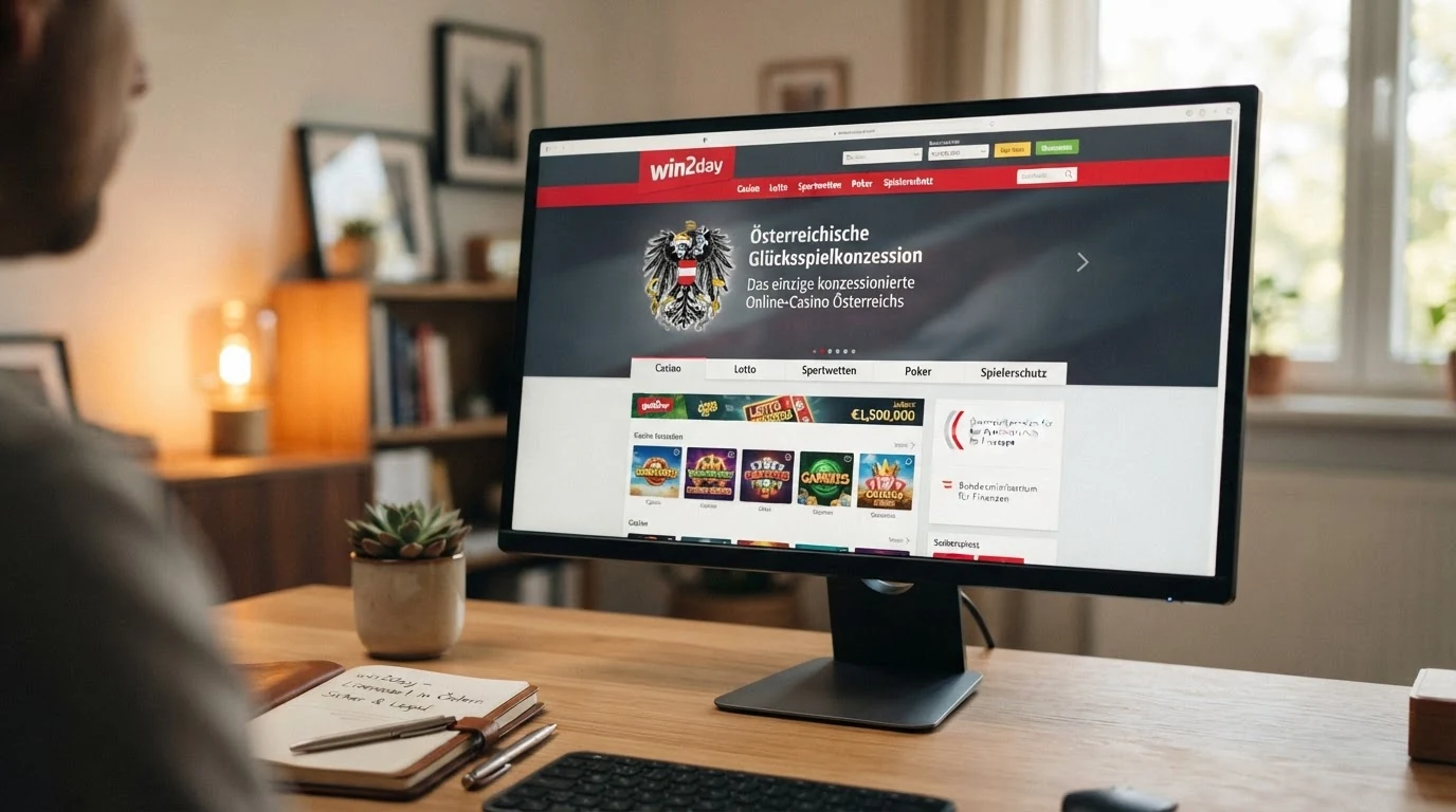 Screenshot-Ausschnitt der win2day-Startseite mit Lizenzhinweis auf die österreichische Glücksspielkonzession nach GSpG und Spielerschutz-Logo.