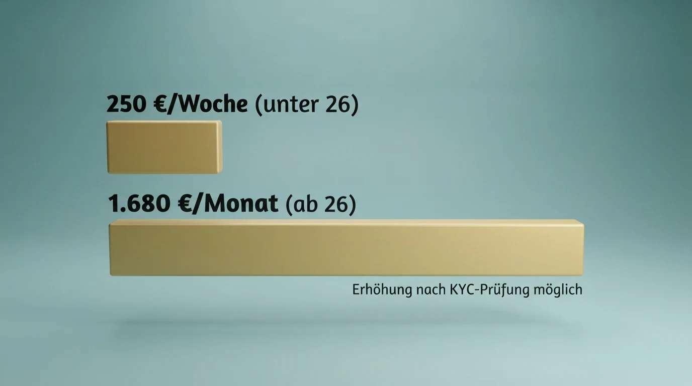 Eine schematische Darstellung der win2day-Limitstufen: 250 €/Woche (unter 26) und 1.680 €/Monat (ab 26) als Balkendiagramm mit einem Hinweis auf die optionale Erhöhung nach KYC-Prüfung