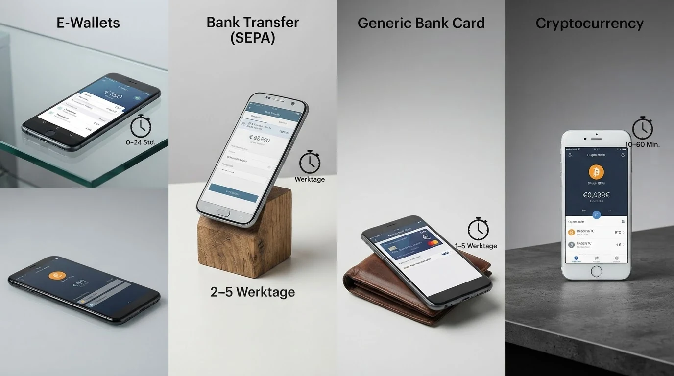 Eine vergleichende Übersicht mit Symbolen für E-Wallet, Banküberweisung, Kreditkarte und Krypto — jedes mit einer Uhr und der dokumentierten Auszahlungsdauer daneben